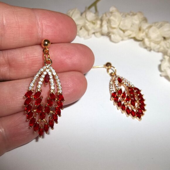 Faux Ruby and Diamond Earrings Gold Red White Sparkle Post Set Dangle Drop C897 - Picture 6 of 6